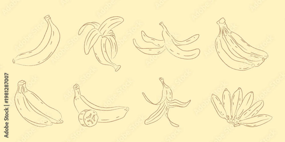 Obraz premium Hand Drawn Banana Illustration Set featuring Peeled, Sliced, and Bunches of Bananas in Line Art Style