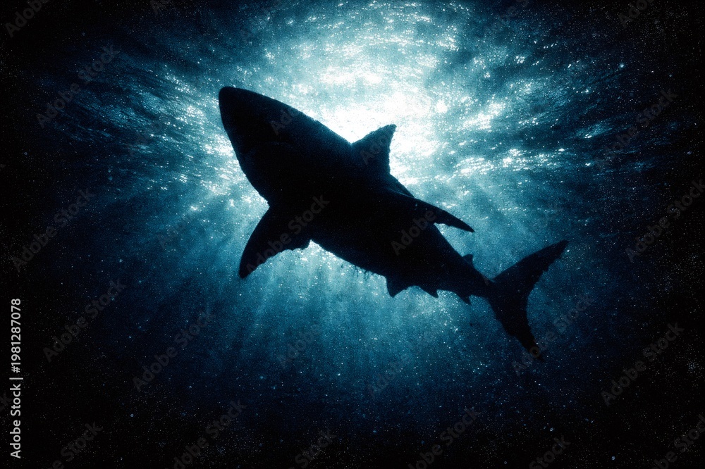 Obraz premium Predatory shark's dark silhouette navigating deep blue water, creating an intense sense of power and mystery while light rays pierce through the shimmering surface