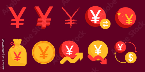 Set of Chinese Yuan Currency Icons and Symbols for Finance and Exchange