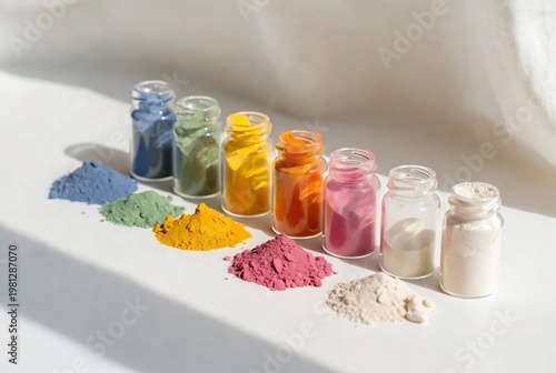 A collection of colorful powdered pigments is arranged on a white surface with sunlight.