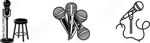 Vintage microphones collection a black and white sketch of classic recording and broadcasting equipment