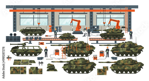 This expansive flat illustration depicts a military tank assembly plant where green camouflage vehicles undergo construction using orange robotic arms and skilled technicians.
