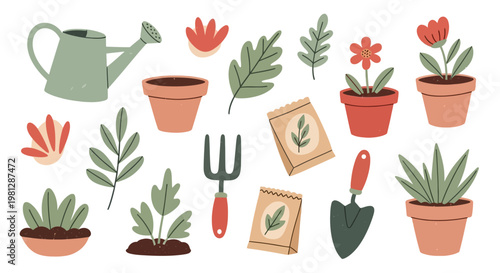 Gardening tools and plants collection.