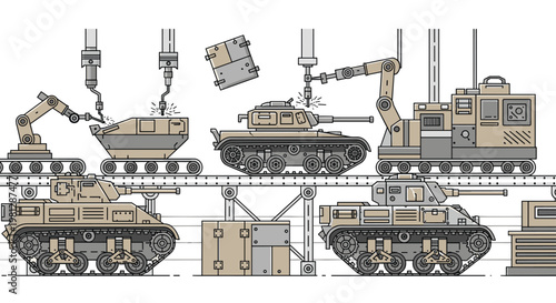 A meticulous line art illustration captures a tan military tank production line where armored vehicles move along a conveyor belt under robotic welding systems.