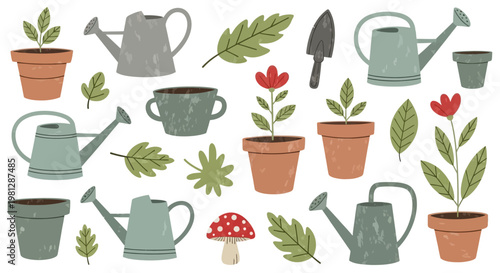 Gardening tools and plants.