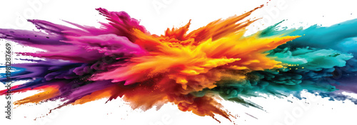 Explosion of colorful powder clouds creating abstract rainbow energy burst. Vibrant explosion of colorful holi paint powder in the air, creating a rainbow effect against a white background.