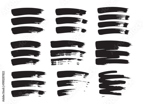 Collection of thick black brush stroke lines on white background, artistic paint smears