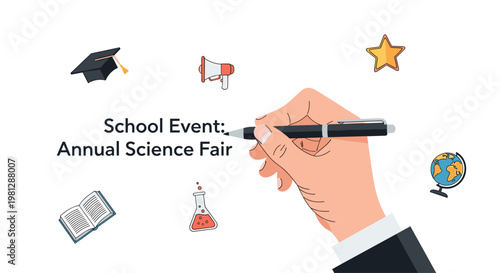 A professional hand in a dark suit sleeve writes the words for an annual science fair surrounded by vibrant educational icons like a globe and a beaker.