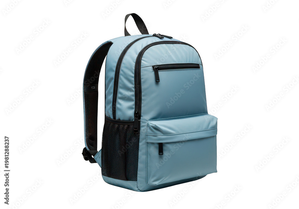 Fototapeta premium A light blue backpack with black accents featuring multiple compartments on transparent background
