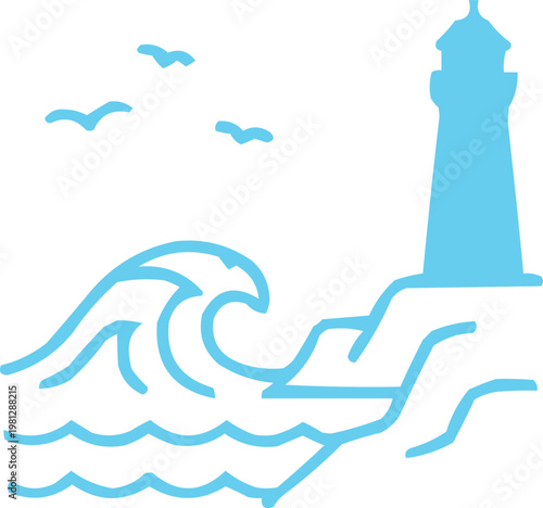 Lighthouse with Ocean Waves – Minimal Coastal Line Art Vector Illustration