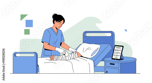 Nurse applying bandage to patient's arm in hospital bed, medical care concept
