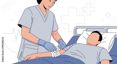 Nurse Applying Bandage to Patient's Arm in Hospital Bed