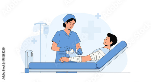 Nurse applying bandage to patient's arm in hospital bed, medical care concept