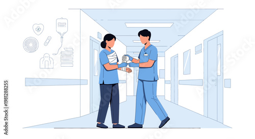 Nurse applying bandage to patient's arm in hospital corridor, medical care concept