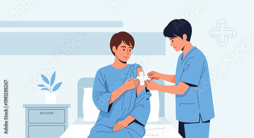 Nurse applying bandage to patient's arm in hospital room, healthcare concept
