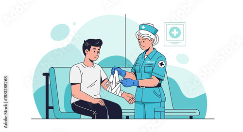 Nurse applying bandage to patient's arm in hospital room, healthcare concept