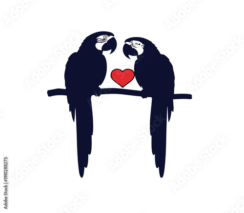 Two blue macaws perched on a branch facing each other with a red heart symbol in the middle