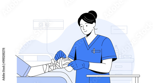 Nurse Applying Bandage to Patient's Arm in Hospital Room