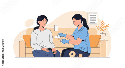 Nurse Applying Bandage to Patient's Arm at Home, Healthcare Assistance