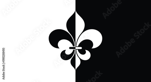 A stark black and white image features a fleur de lis design split down the middle