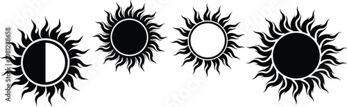 Sun eclipse phase icon set with solar cycle silhouettes in black shapes isolated flat vector illustration collection