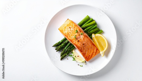 Top view of white plate with salmon and asparagus, white background, soft light, minimalist food photography, realistic, sharp focus.