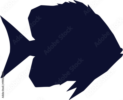 Dark blue silhouette of a tropical angelfish or butterflyfish isolated on a white background.