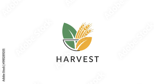 Minimalist harvest logo design featuring wheat, leaves, and a bowl on a clean white background