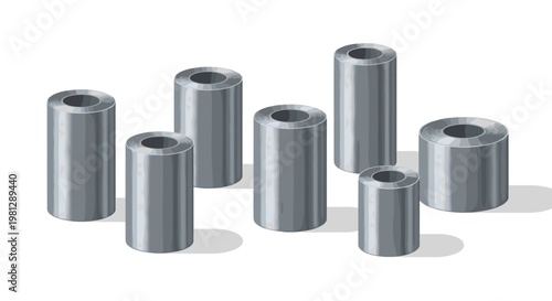 Seven pristine metallic grey industrial coils of different sizes stand upright on a clean white surface casting soft shadows in a bright environment.