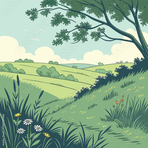 A serene green landscape with a tree and wildflowers