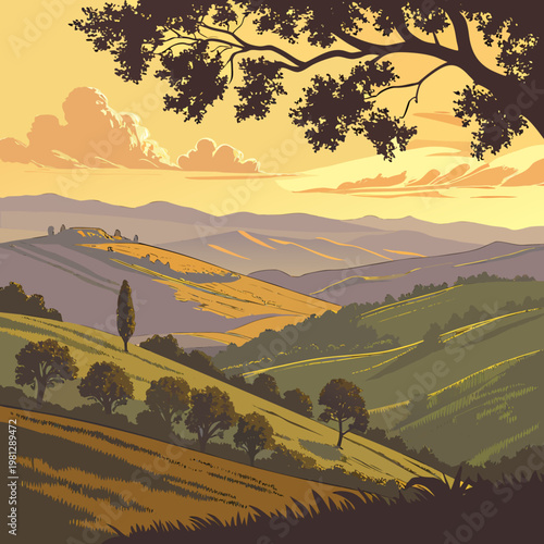 A serene landscape of rolling hills and trees at sunset