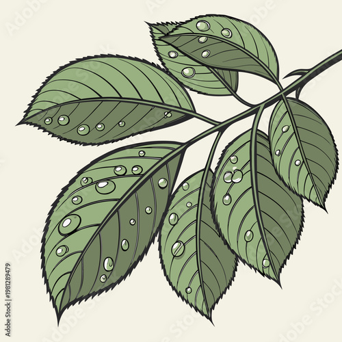 A branch of a tree with green leaves and water droplets