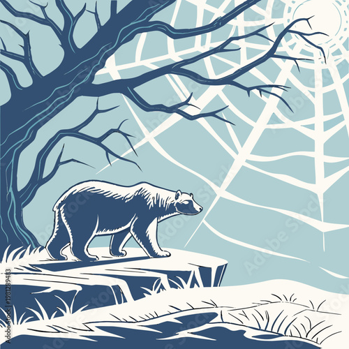 A bear walks on a cliff under a tree