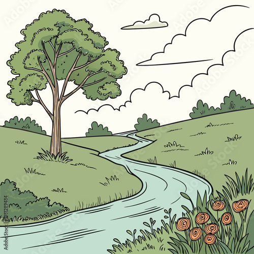 A tree beside a winding stream in a green landscape