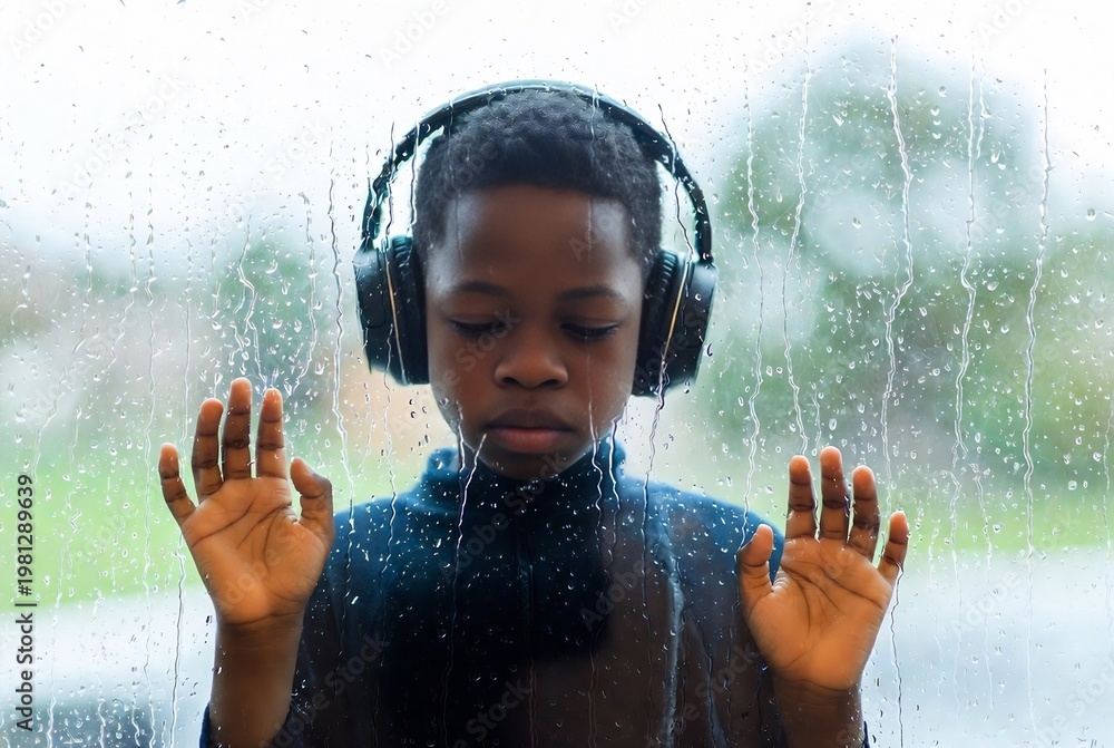 Fototapeta premium A young boy with headphones is looking out at rain, lost in thought.