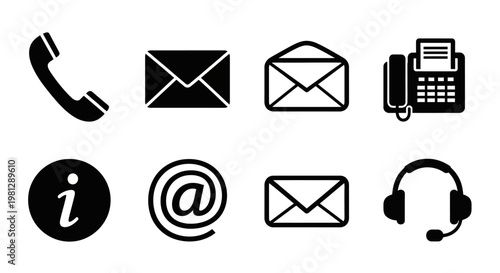 Black and white icons representing communication methods and contact information