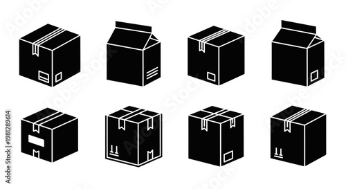Collection of black cardboard boxes in various shapes and sizes