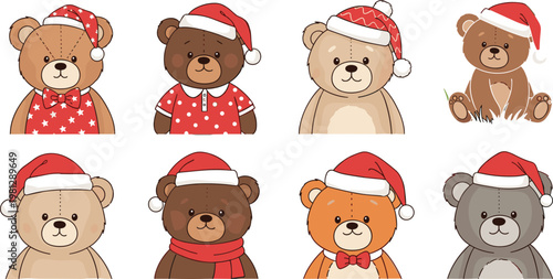 Set of Cute Teddy Bear Illustrations with Different Outfits and Styles for Kids, Toys, and Nursery Design Themes
