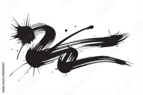 Abstract paint splatter with curved brush stroke isolated on white background black ink decorative