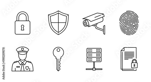Security icons including a padlock camera fingerprint and police officer