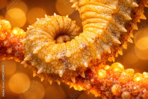 Seahorse prehensile tail gripping vibrant orange coral, extreme close up revealing intricate textures, spines and warm bokeh lit underwater hues and fine marine detail