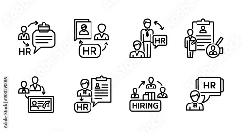 Human resources processes illustrated with linear icons recruitment interviews and hiring