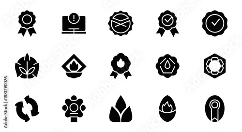 Collection of diverse black glyph icons representing quality and achievement