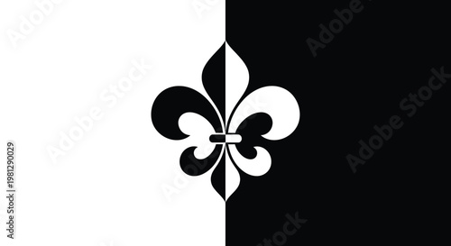 A striking black and white flag features a prominent fleur de lis emblem centered on the design