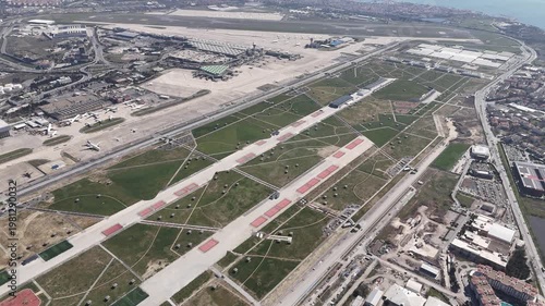 Aerial view of private jets at the airport. Drone footage of planes parked at the airport, Istanbul, Turkey.