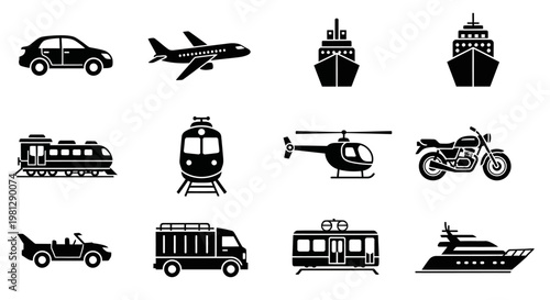Various modes of transportation depicted in simple black silhouette icons