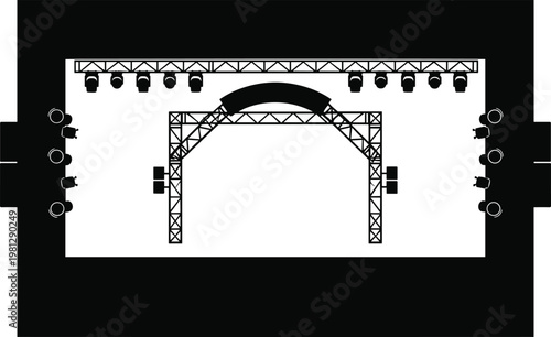 Stage lighting rig design a technical illustration of truss structures and fixture placement for concerts