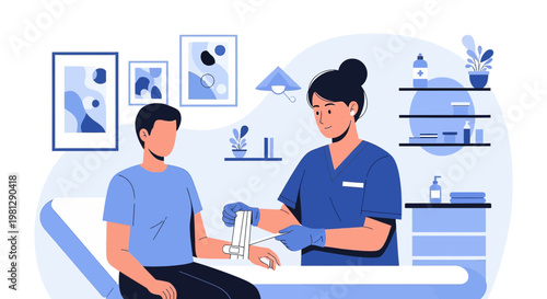 Nurse applying bandage to patient's arm in medical clinic examination room