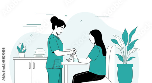 Nurse Applying Bandage to Patient's Arm in Medical Clinic