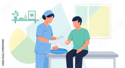 Nurse Applying Bandage to Patient's Arm in Medical Clinic